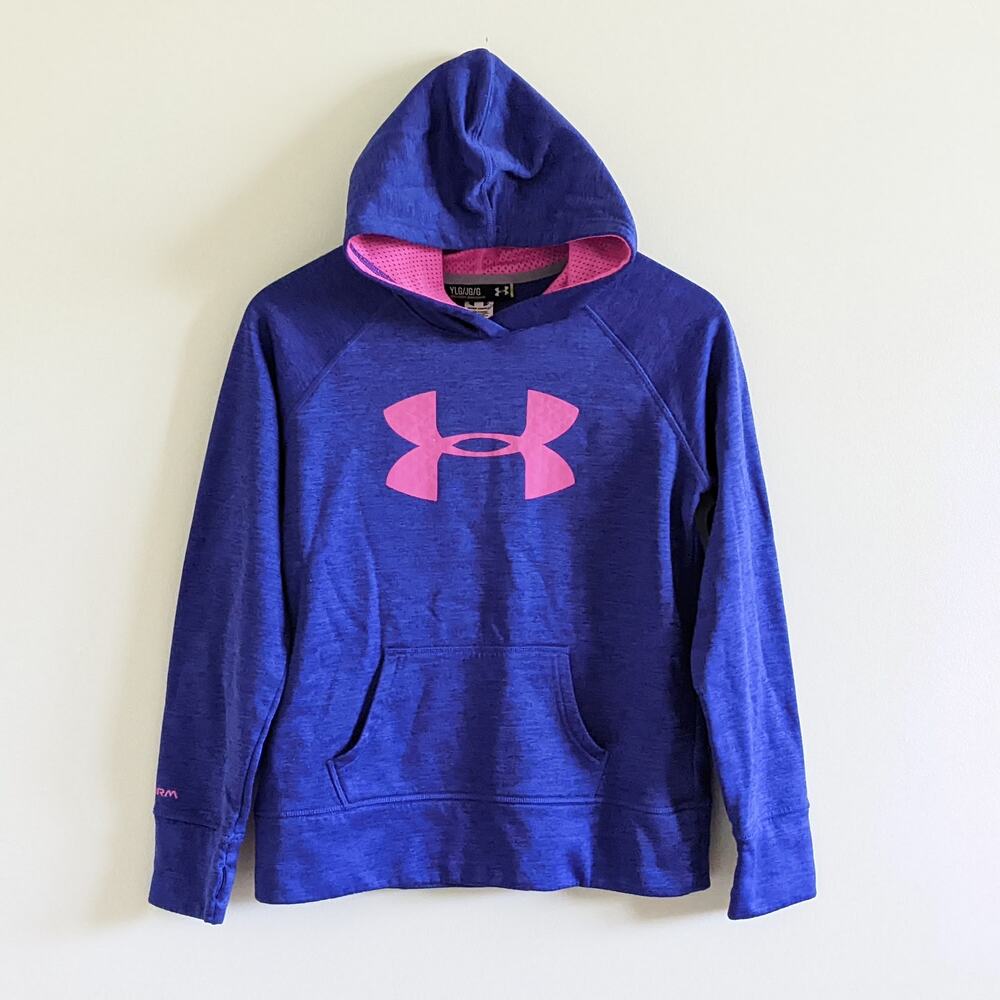 Under Armour Storm Blue Hoodie Sz YLG/14 Loose Fit Blue Pink Sweatshirt Pocket